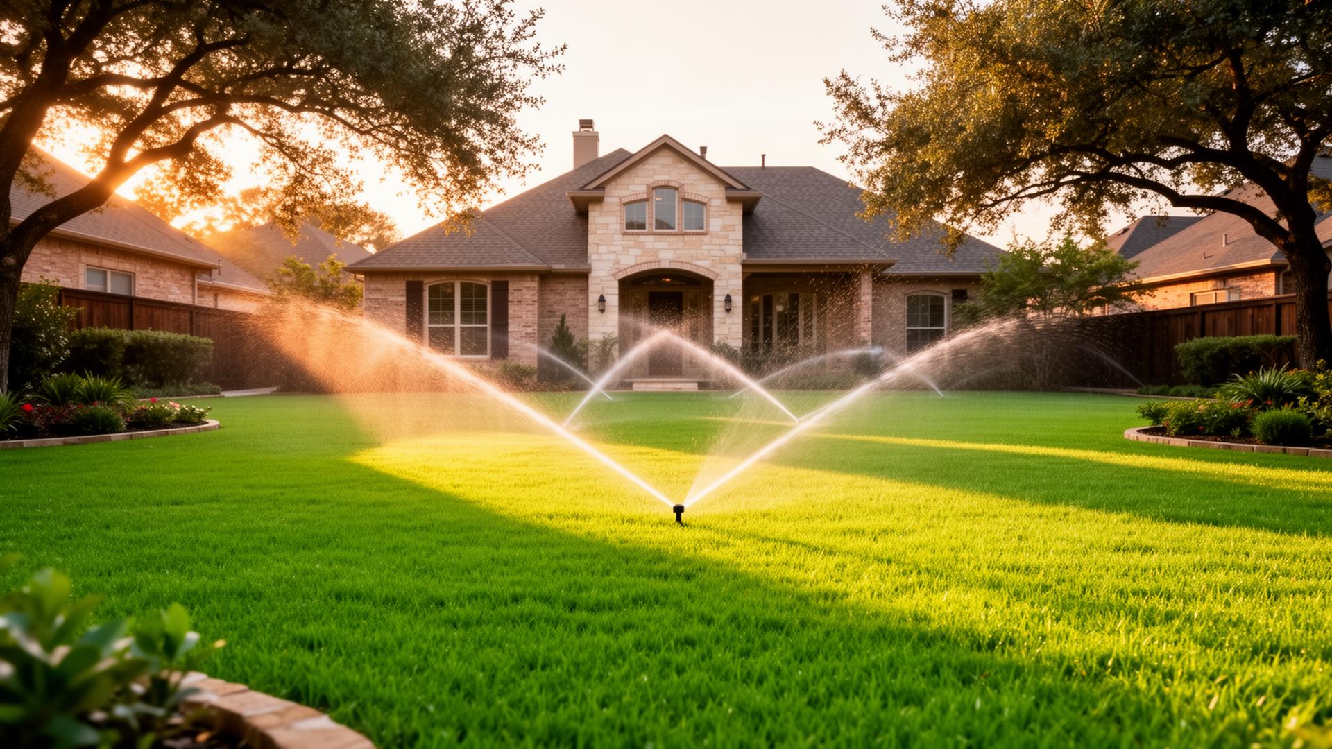 Lush green lawn with sprinklers running in front of a Texas home